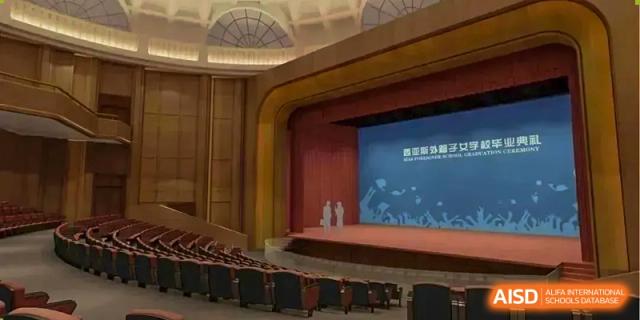 Interior view of the large auditorium stage at Sias International School with a screen backdrop, an arching ceiling, and tiered seating in the foreground.