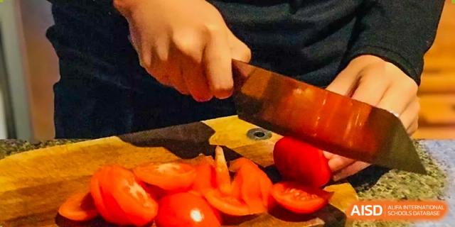 Close-up of hands slicing tomatoes and vegetables, showing a cooking class at Wenzhou No.21 Middle School.