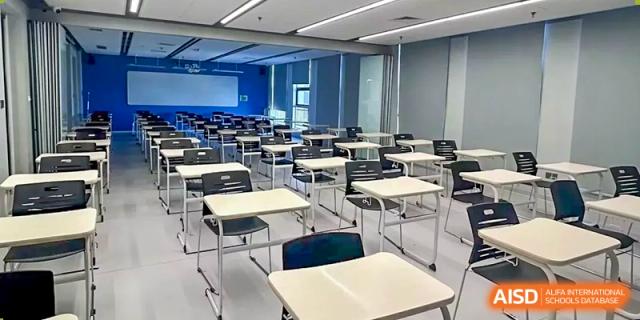 A modern, tiered classroom with rows of empty desks and chairs, ready for a large lecture or lesson at Wuhan Optics Valley ULINK School.