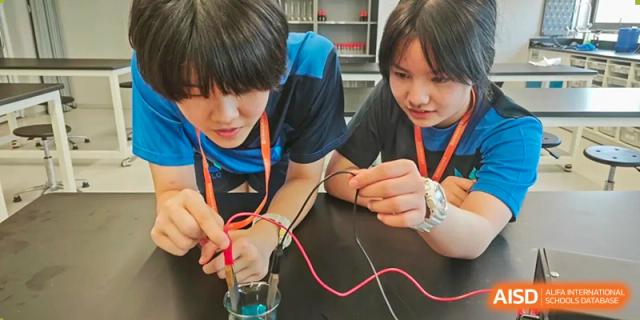 Two students working together on a physics or electronics experiment, connecting wires in a bright classroom at Wuhan Optics Valley ULINK School.
