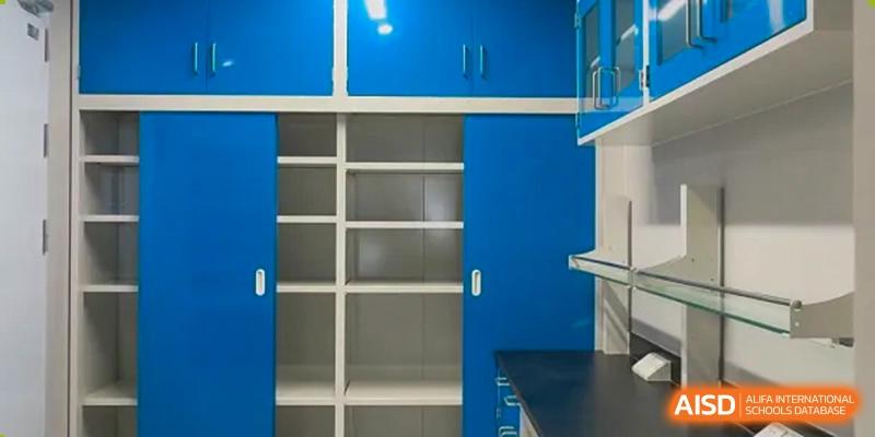 Empty blue shelves and cabinets in a clean, modern storage or laboratory area at Wuhan Optics Valley ULINK School.