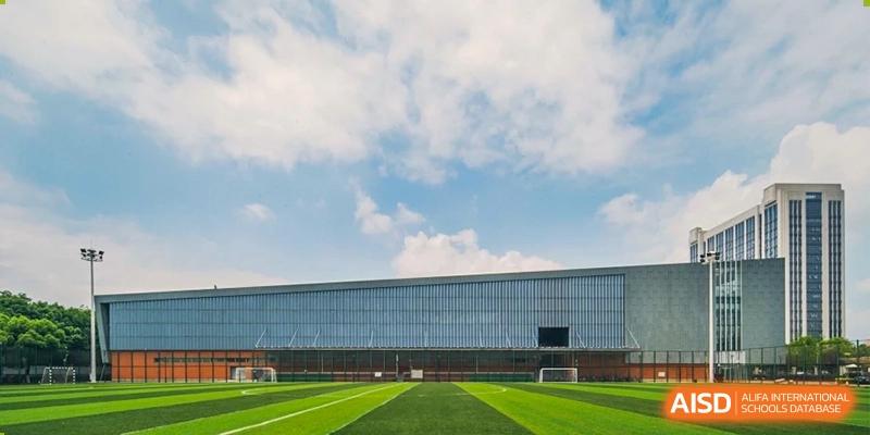 An exterior view of a modern Wuhan Yangtze International School building with a large glass facade, overlooking a bright green, artificial turf sports field on a cloudy day.