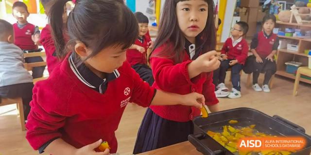 Two young female students in red uniforms participating in a hands-on classroom activity or project at Wuxi Dipont School of Arts and Science.