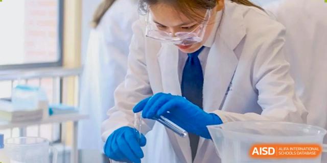 A student from Wycombe Abbey School Nanjing wearing gloves and holding a blue object in a lab.