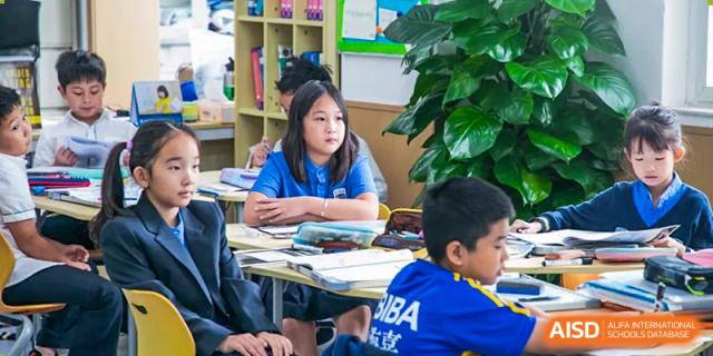 Student with long dark hair listening attentively in a classroom at BIBA (Tianjin International Bilingual Academy). A boy in a blue shirt is seated in front of her.