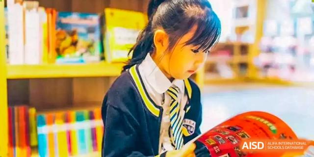 A young female student in a navy and yellow school uniform concentrating while reading a book or materials at BIBA (Tianjin International Bilingual Academy).