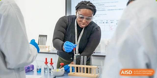 A female science teacher from Dingwen Academy Hangzhou working on an experiment with test tubes in a laboratory.