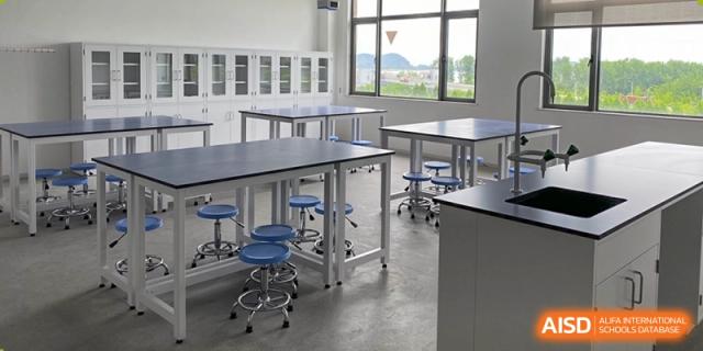 An empty, modern science laboratory classroom at Dingwen Academy Hangzhou, featuring lab benches and stools.