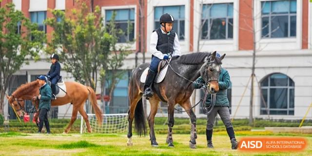 A student from Dingwen Academy Hangzhou wearing a helmet and riding a horse during an equestrian class or event.