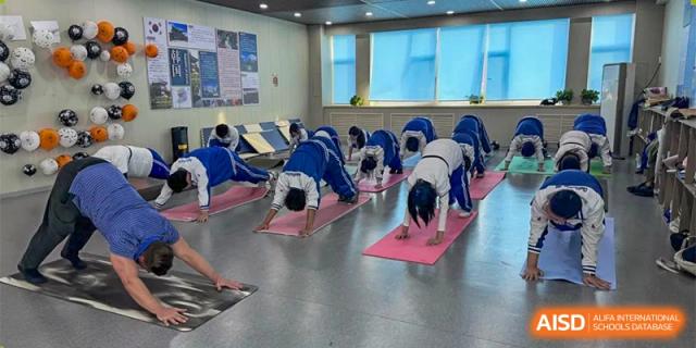 Students participating in a yoga or stretching class inside a school facility, performing a floor pose on pink mats. Canada British Colombia International Schools-Hefei.