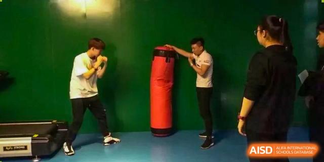 Two students practicing boxing or self-defense, with one punching a large, red standing punching bag in a gym. Canada British Colombia International Schools-Hefei.