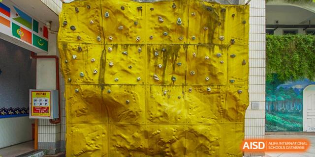 Close-up view of a large yellow indoor climbing wall or textured surface at Wuhan Foreign Languages School International Division.
