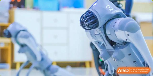 A close-up shot of a robot in the robotics lab at Beijing Xin Fuxue International Academy.