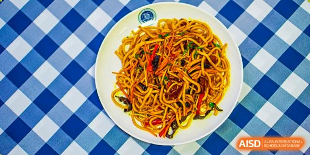 A plate of stir-fried noodles with shredded vegetables and meat, a delicious meal at Beijing Xin Fuxue International Academy.