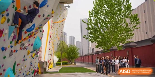 Outdoor rock climbing wall next to a grassy area and city buildings, Beijing Etown Academy International Department