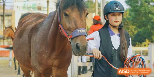 A brown horse being led by a handler, part of the equestrian program or activity at Cogdel Cranleigh School Changsha.