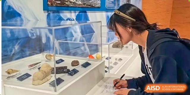A student is writing notes while viewing an exhibit of rocks and artifacts, possibly in a science or geology display, at Guokai International School of Qingdao.