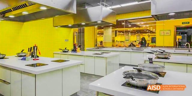 A bright, modern kitchen and food preparation classroom with yellow accents and multiple cooking stations for practical nutrition lessons, at 21ST Century School, Wenjiang, Chengdu.