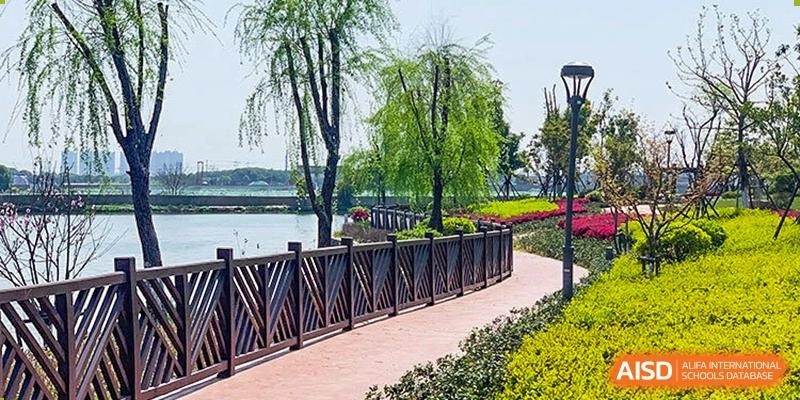 A scenic Boya International Academy (BIA) campus pathway running alongside a wooden fence, with green trees and a body of water in the background.