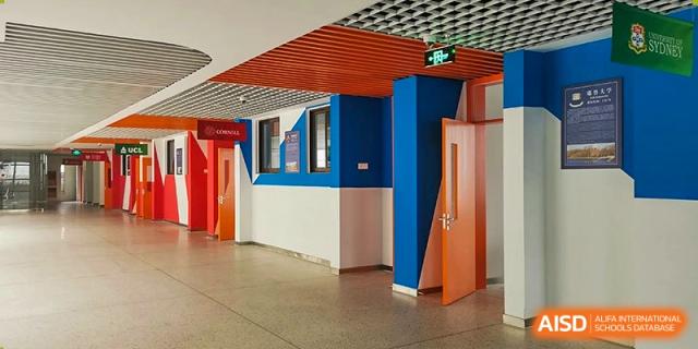 A vibrant and brightly colored interior hallway at Boya International Academy (BIA) featuring bold blue, orange, and white walls and doorways.