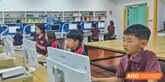 A student focused on a computer screen while working in the computer lab at Canadian International School of Hefei.