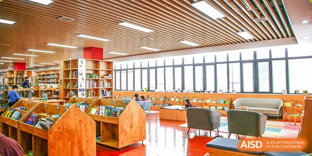 A wide shot of the brightly lit, modern school library with high windows and wooden bookshelves at Canadian International School of Hefei.