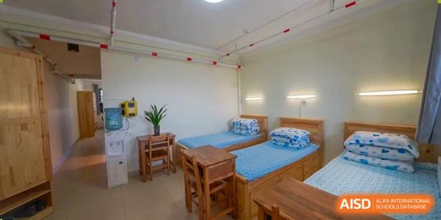 A clean, brightly lit dormitory room featuring two single wooden beds with blue and white bedding, two bedside tables, and wall lamps. This is a student dormitory at the modern Guiyang New World School.