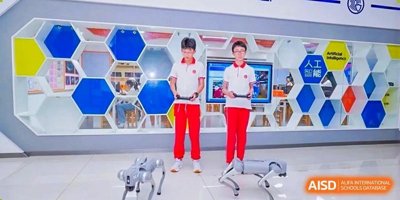 Students operate robotic dogs in a modern, hexagonal-themed STEM lab, showcasing technology and innovation at Guiyang New World School.
