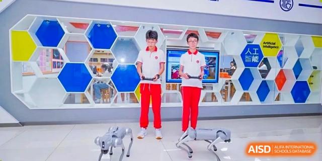 Students operate robotic dogs in a modern, hexagonal-themed STEM lab, showcasing technology and innovation at Guiyang New World School.