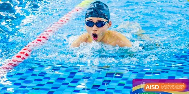 A male student mid-stroke, taking a breath while competing in a swimming race in the school pool at Haileybury Schools, Tianjin.