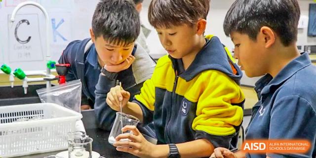 Two students from Hangzhou International School conducting an experiment, mixing chemicals in beakers during a science class.