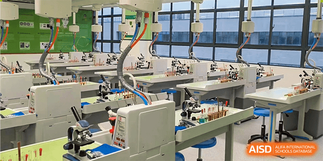 Close-up of modern laboratory equipment and workstations in a high-tech learning environment Hefei No.6 High School International Department.