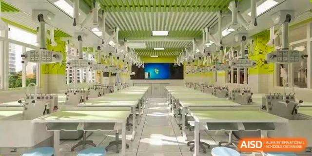 An interior view of a spacious, organized, and modern laboratory or workshop with multiple long tables Hefei No.6 High School  International Department.