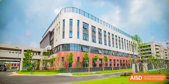 The modern, multi-story school building exterior, surrounded by green lawns on the campus of the Hefei No.6 High School International Department.