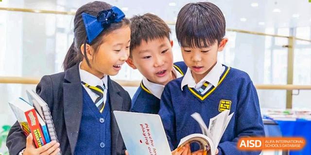 Four young students from Hiba Academy Nantong, wearing school uniforms, gathered around an open book, looking engaged and curious.