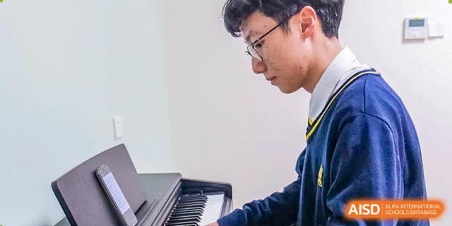 A male student from Hiba Academy Nantong, wearing a school uniform, focused on playing a digital piano or keyboard during a music lesson or practice session.