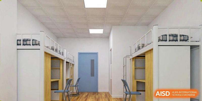 Rendering of a bright, modern interior room or study area with shelves and a closed door at Milton International School Qingdao.