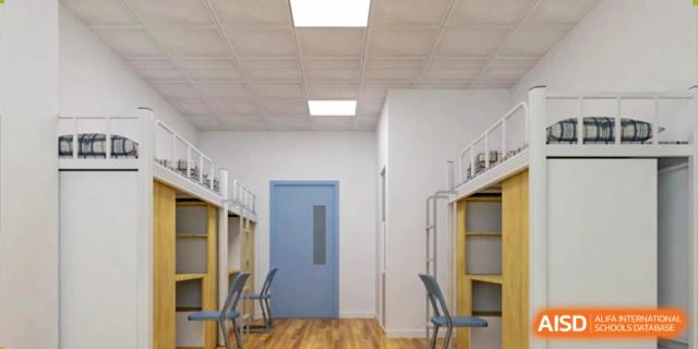 Rendering of a bright, modern interior room or study area with shelves and a closed door at Milton International School Qingdao.