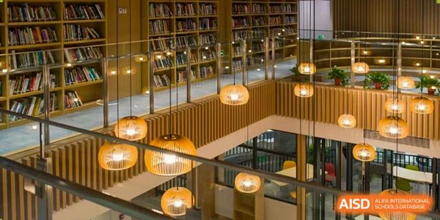 A wide view of the brightly lit Nanjing International School library, featuring circular bookshelves and a central study area.