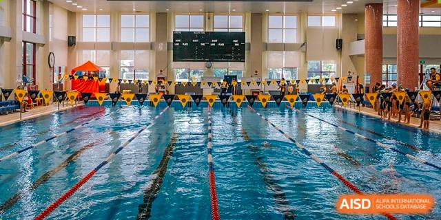 The empty lanes of the Nanjing International School indoor swimming pool, ready for a competition, with a scoreboard visible.