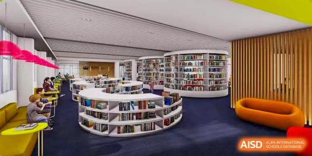 A second digital rendering of the modern, circular library space showing multiple large, curved bookshelves and study areas at Nord Anglia International School Shanghai, Pudong.