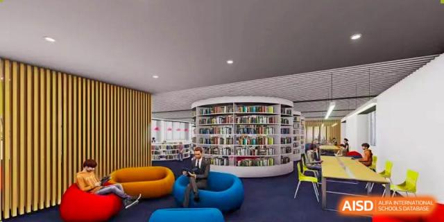 A digital rendering of a comfortable, circular library space with large, curved bookshelves and colorful seating at Nord Anglia International School Shanghai, Pudong.