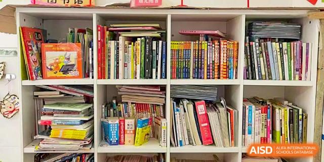 Close-up view of brightly colored books and magazines stacked neatly on shelves in the RDF International School library.