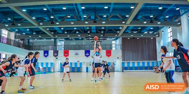 A basketball game or practice taking place in the brightly lit indoor gymnasium at RDF International School.
