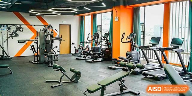 The brightly lit, well-equipped fitness center or gym at RDF International School with various exercise machines.