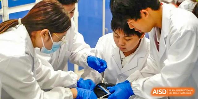 A male student wearing a lab coat and blue gloves focuses intently on an experiment in a science lab at Shanghai DTD Academy.