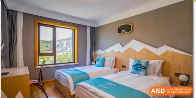 A modern dormitory or hotel room with two beds and a mountain-themed headboard, potentially used for school trips or student housing at Shanghai DTD Academy.