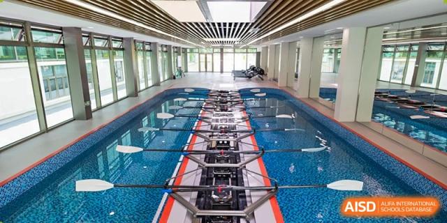 An indoor swimming facility with multiple lanes and starting blocks, part of the athletic amenities at Shanghai DTD Academy.