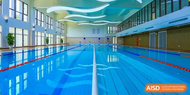 The bright, modern indoor swimming pool and lane markers at Shanghai New Epoch Bilingual School.