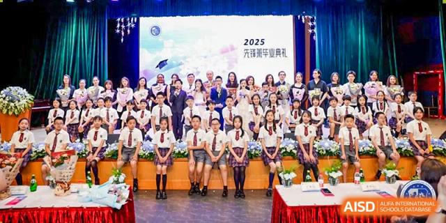 A large group photo of students and teachers, with a "2025 Graduation Ceremony" banner visible on the screen behind them, at Shanghai United International School, Wanyuan Campus.